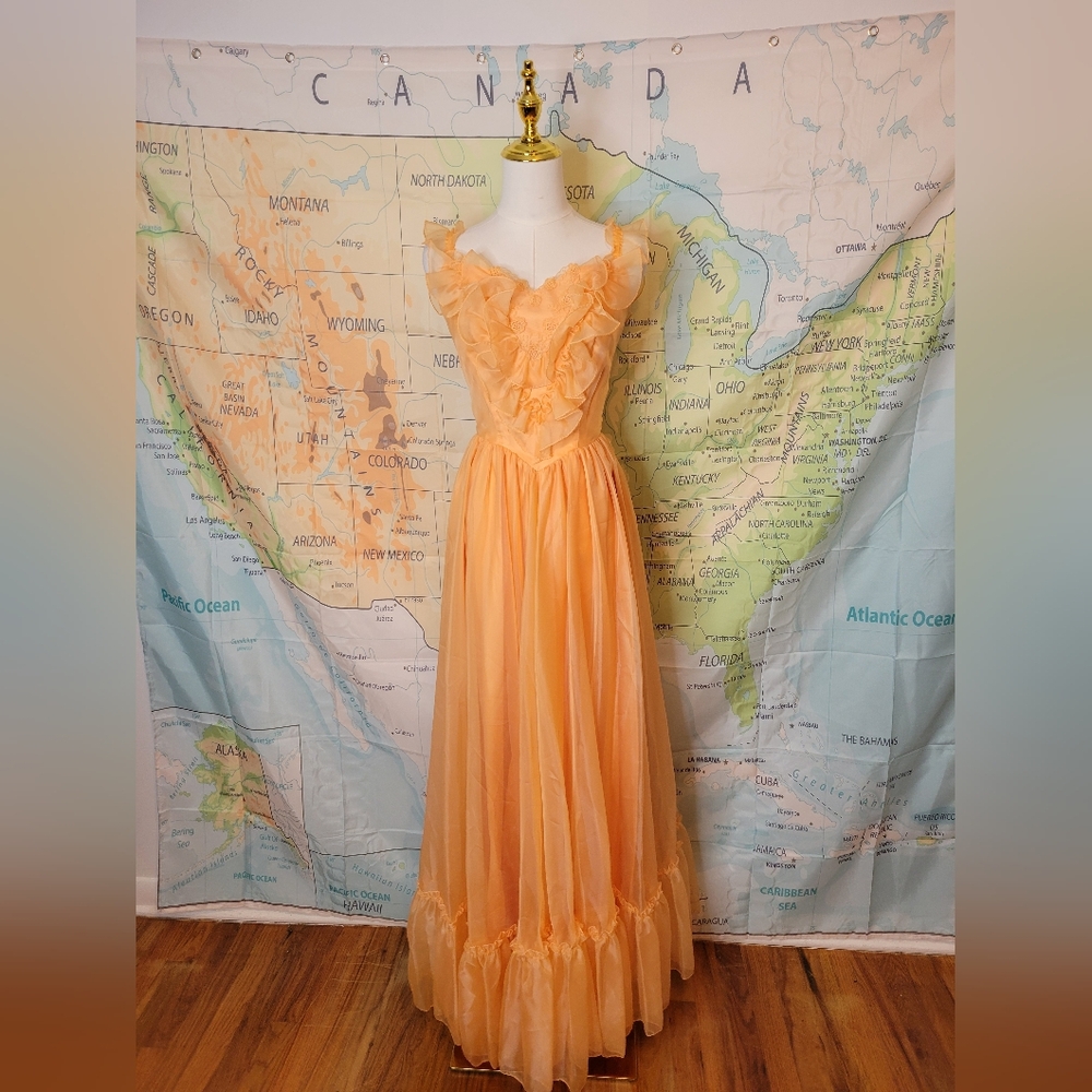 Vintage 1970s Full-length Prom Dress Peach Ruffles Long Flowy Chiffon Formal - Picture 16 of 16